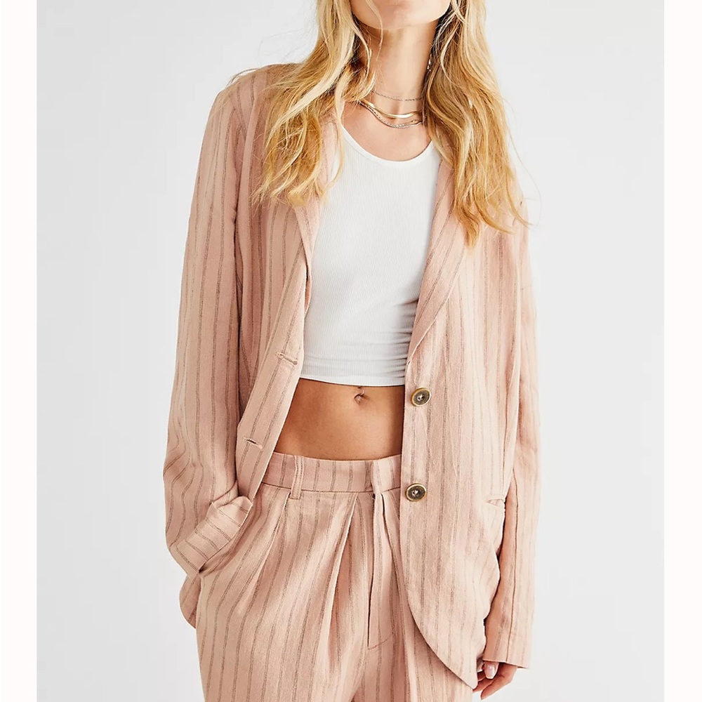 Free People Vida Pinstripe Lightweight Blazer Salmon Pink
